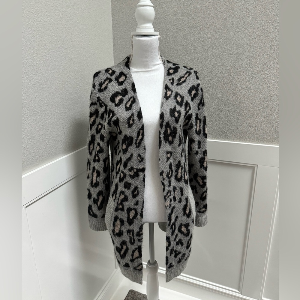 The Kooples Grey Leopard Long Mohair Knit Cardigan Size 1 (Small)